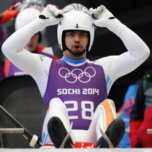 India's Keshavan prepares for the start during the men's luge training at the Sanki sliding center in Rosa Khutor, a venue for the Sochi 2014 Winter Olympics near Sochi